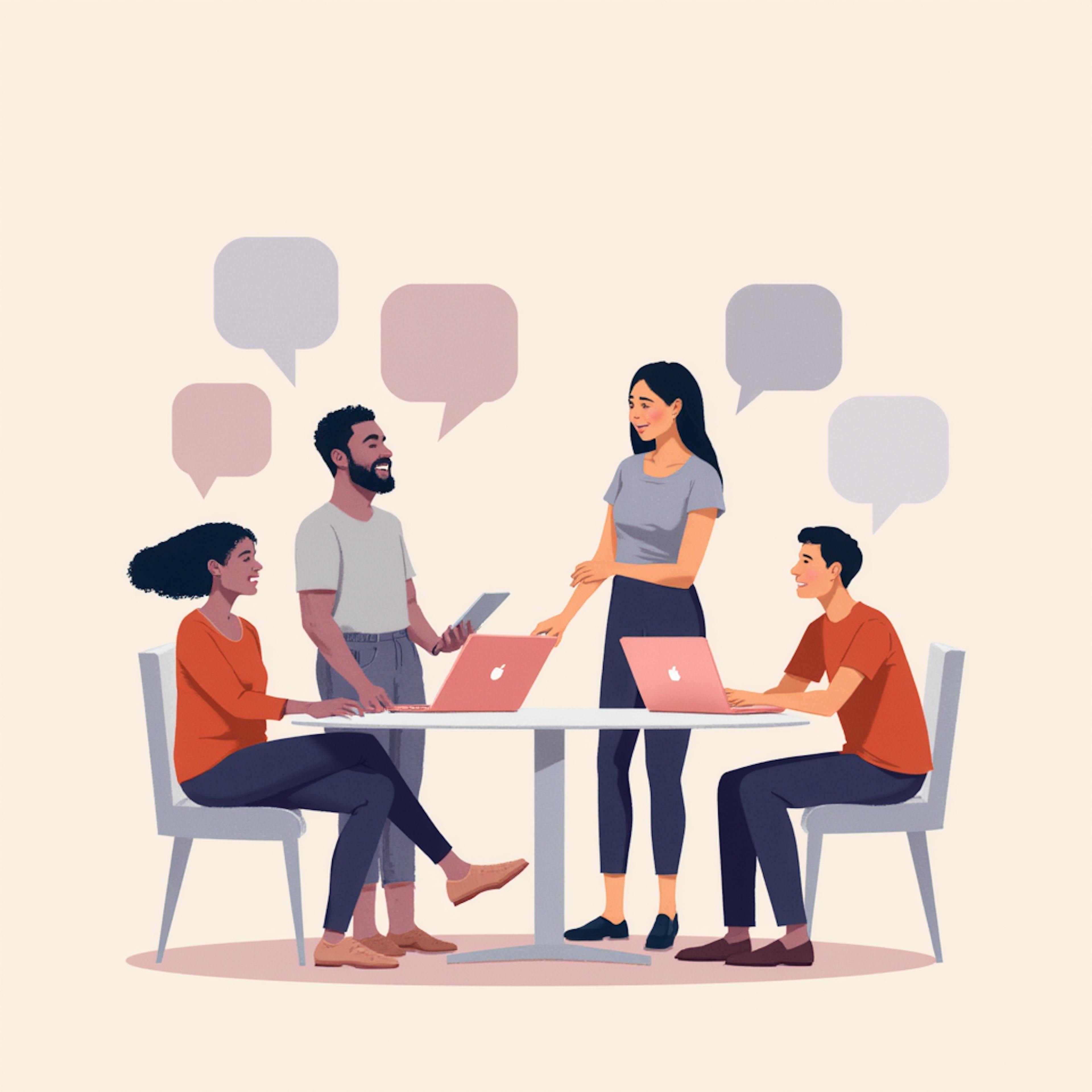 Team of professionals working together at a table with laptops, symbolizing teamwork and strategy in developing a scalable Design System UX.