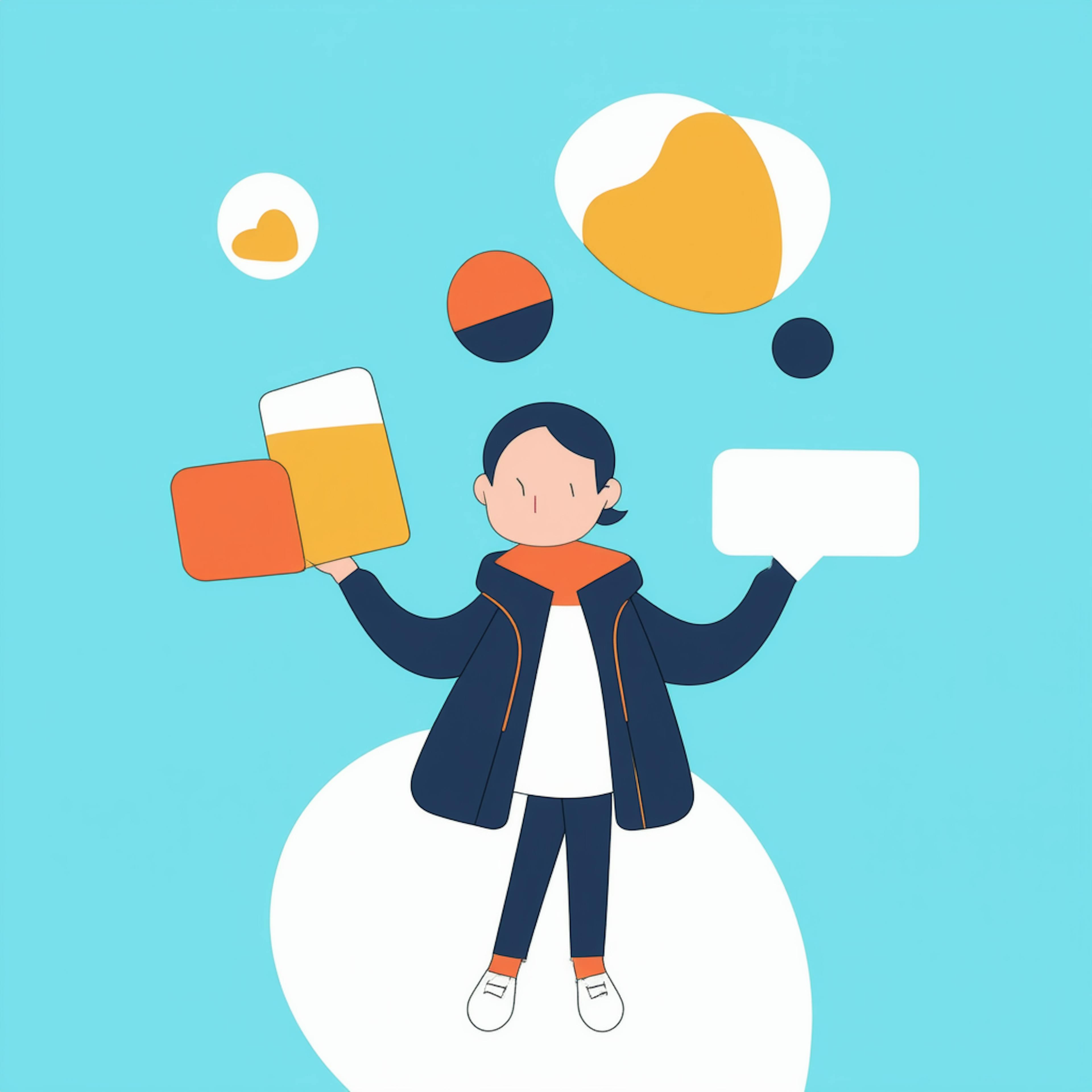 Cartoon figure juggling interface elements and icons, reflecting the process to audit UX design by evaluating layout, usability, and user flow.