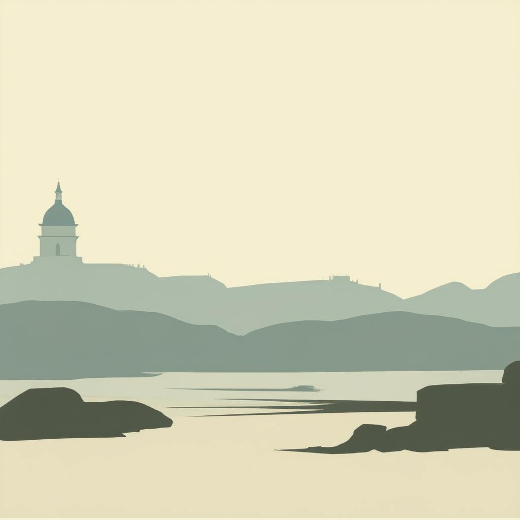 Minimalist illustration of a domed building near water with layered mountains in the background, representing serene landscapes in iconographic art style