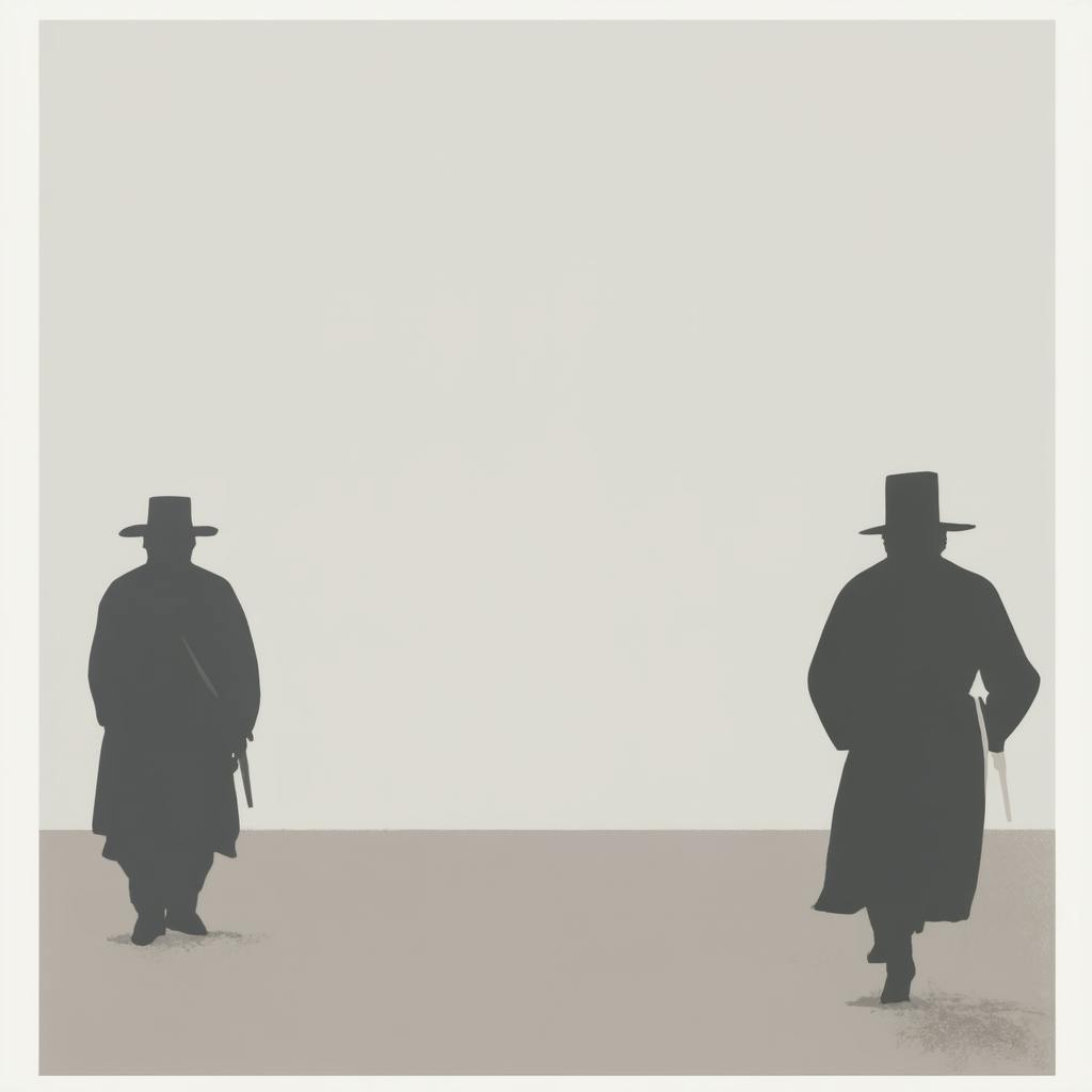 Silhouette illustration of two figures in long coats and wide-brimmed hats facing each other, evoking storytelling through iconographic art