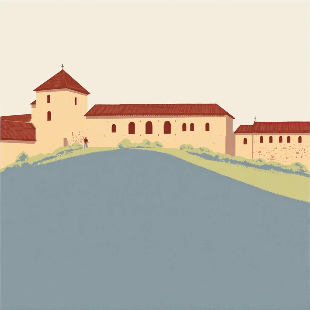 Illustration of a monastery on a hill with red roofs and surrounding greenery, highlighting architectural heritage expressed in iconographic art.