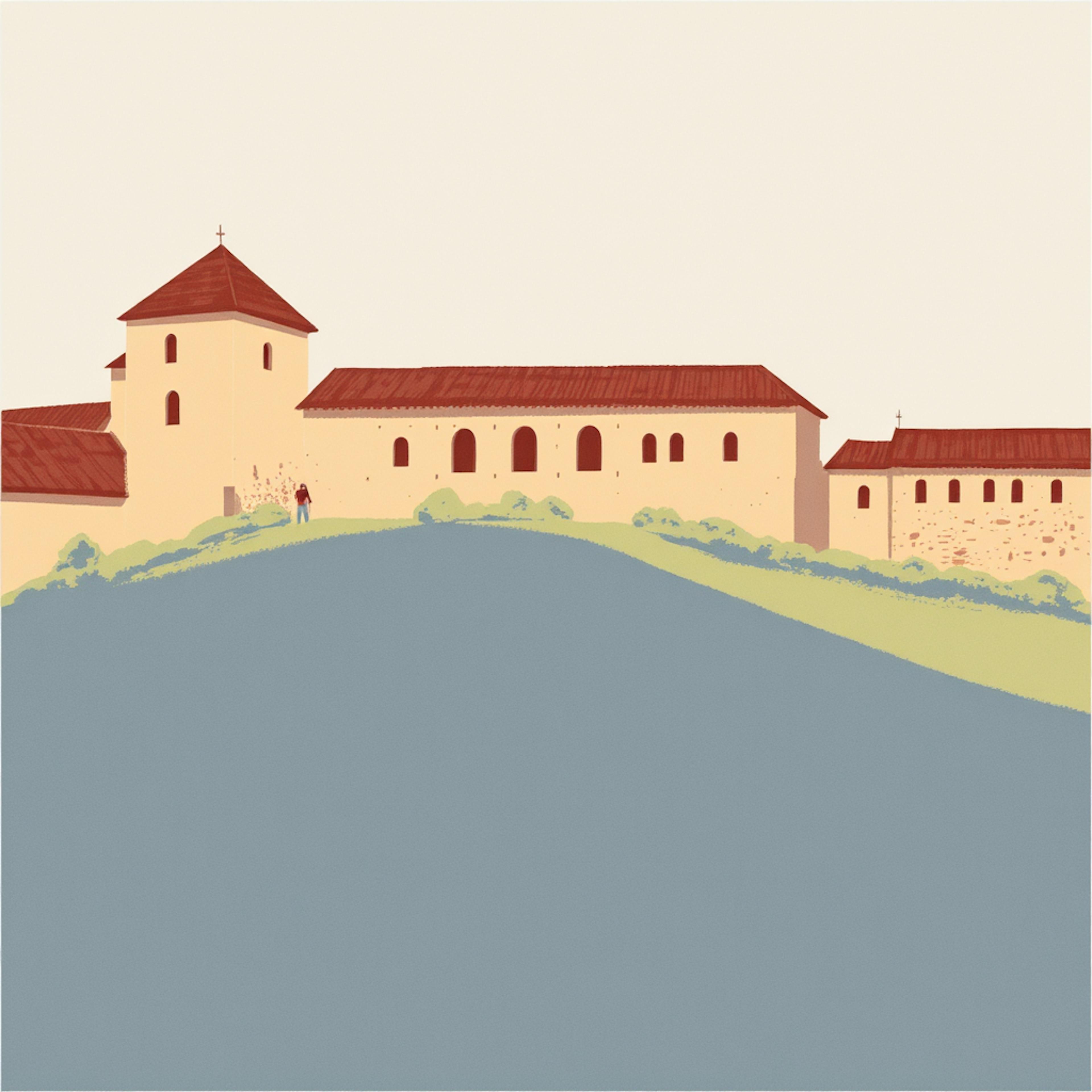 Illustration of a monastery on a hill with red roofs and surrounding greenery, highlighting architectural heritage expressed in iconographic art.