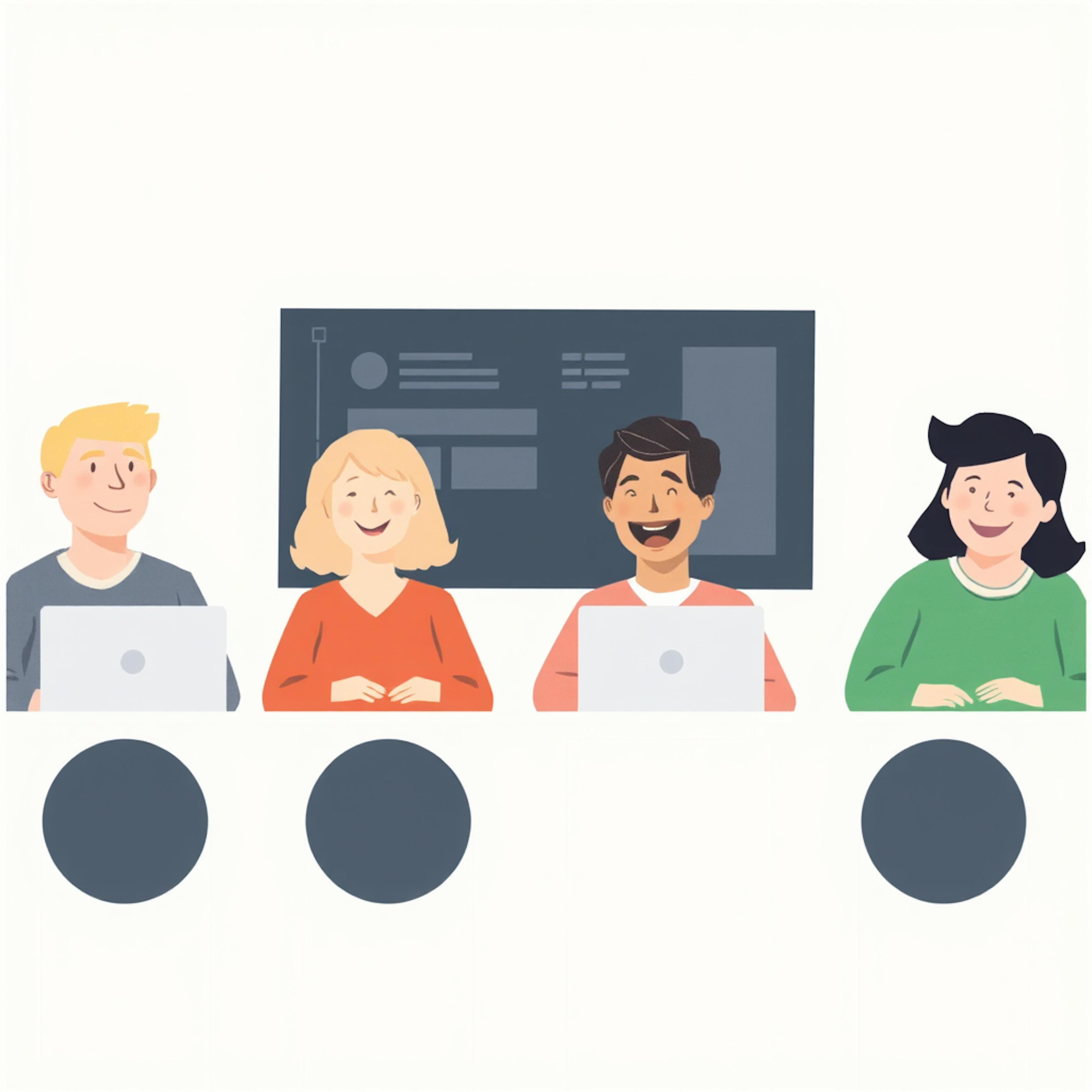 Cartoon illustration of a diverse team with laptops in front of a screen, highlighting teamwork and digital creativity in designing typefaces.