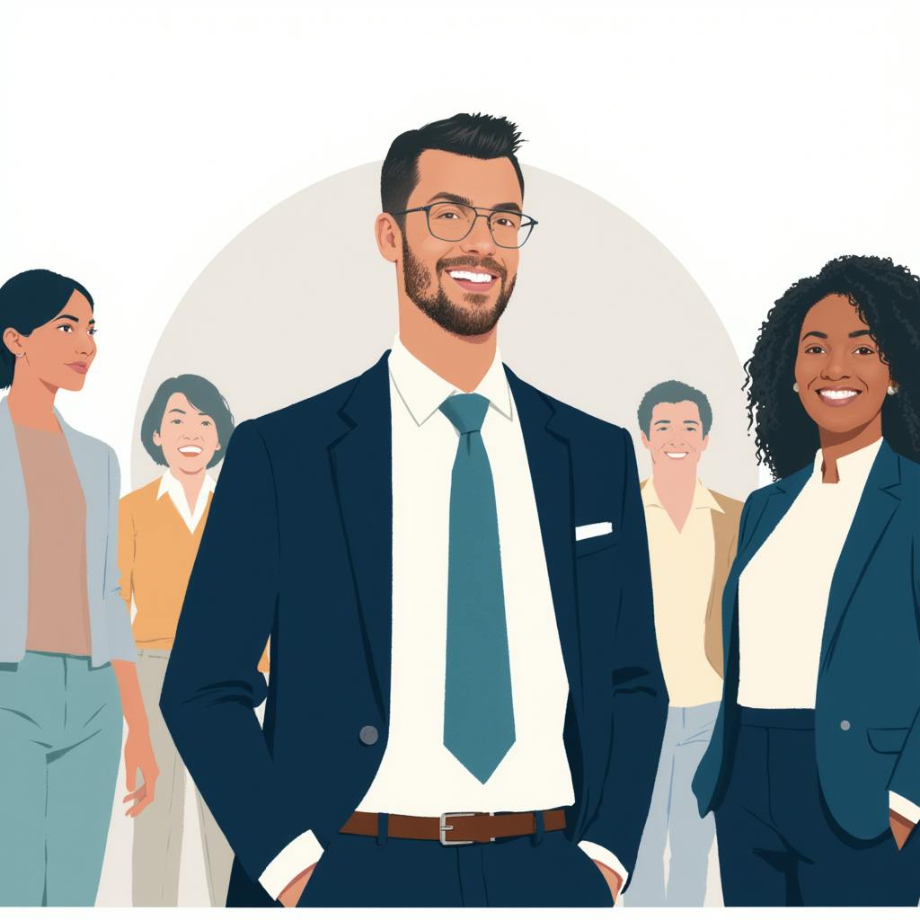 Illustration of a confident business team in formal attire, representing leadership and strategic planning in how to conduct a SWOT analysis.