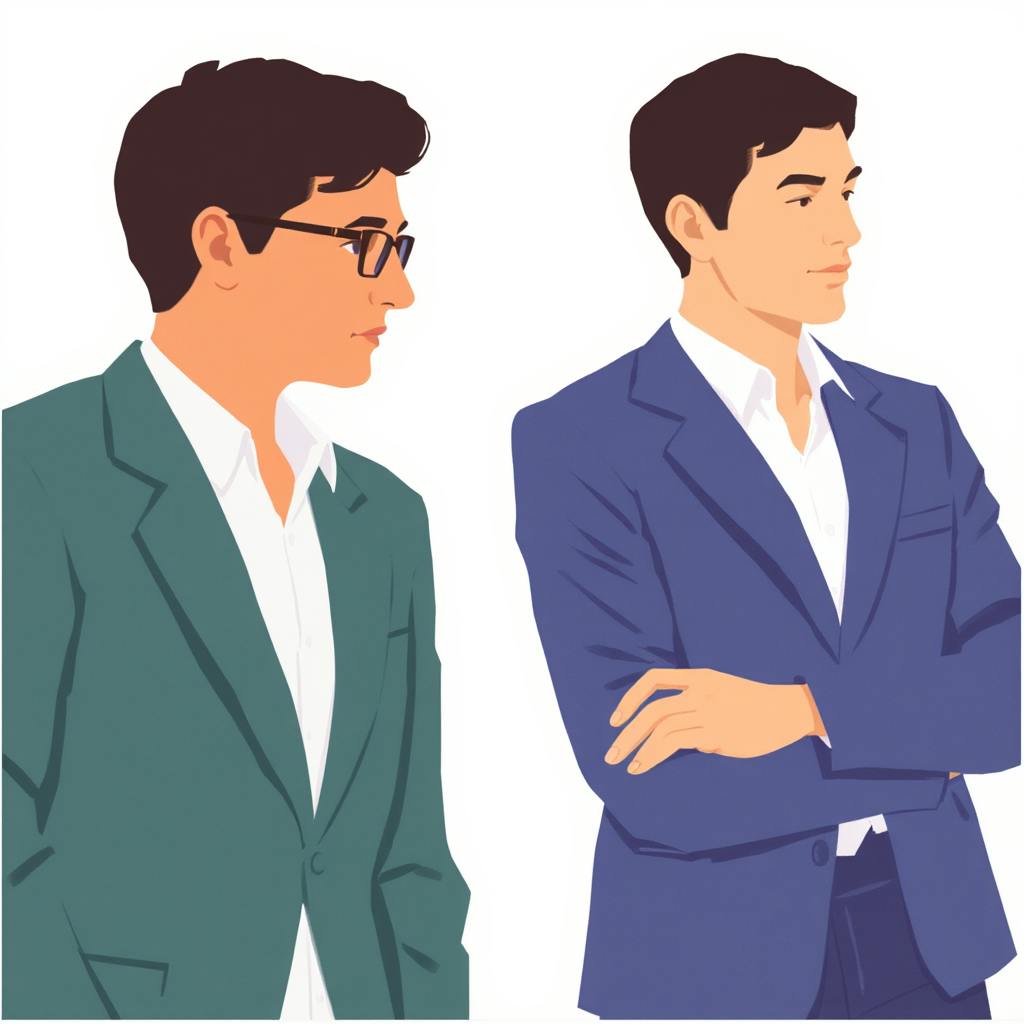 Illustration of two men in business suits, symbolizing professionalism and communication while applying icon best practices in design.