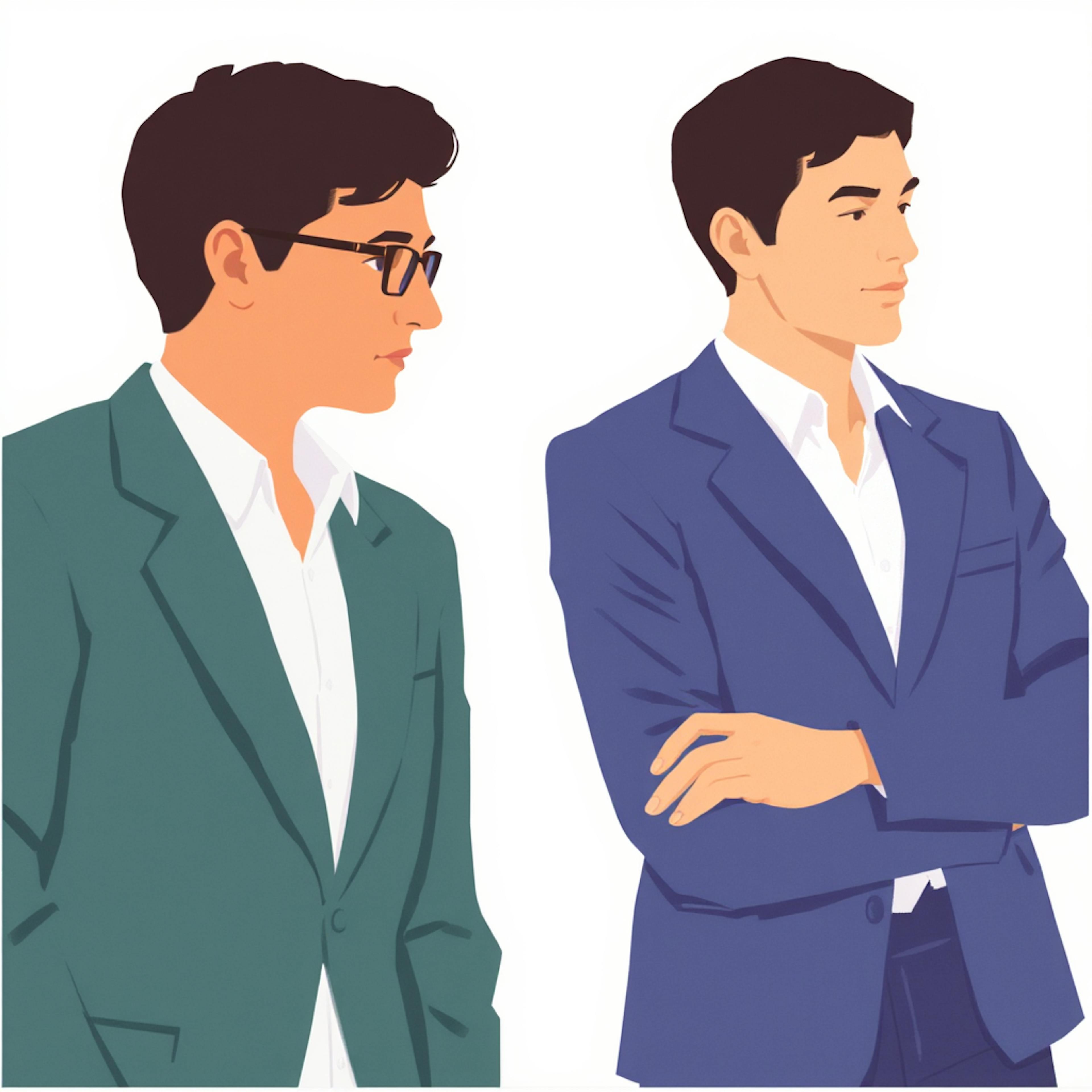 Illustration of two men in business suits, symbolizing professionalism and communication while applying icon best practices in design.