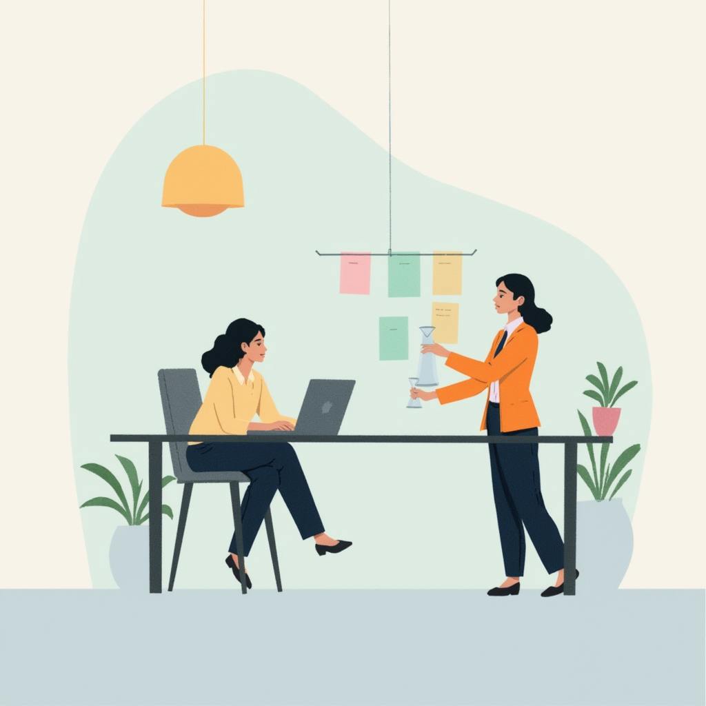 illustration of two women collaborating at a desk with notes and diagrams, highlighting teamwork and icon best practices in workplace design.