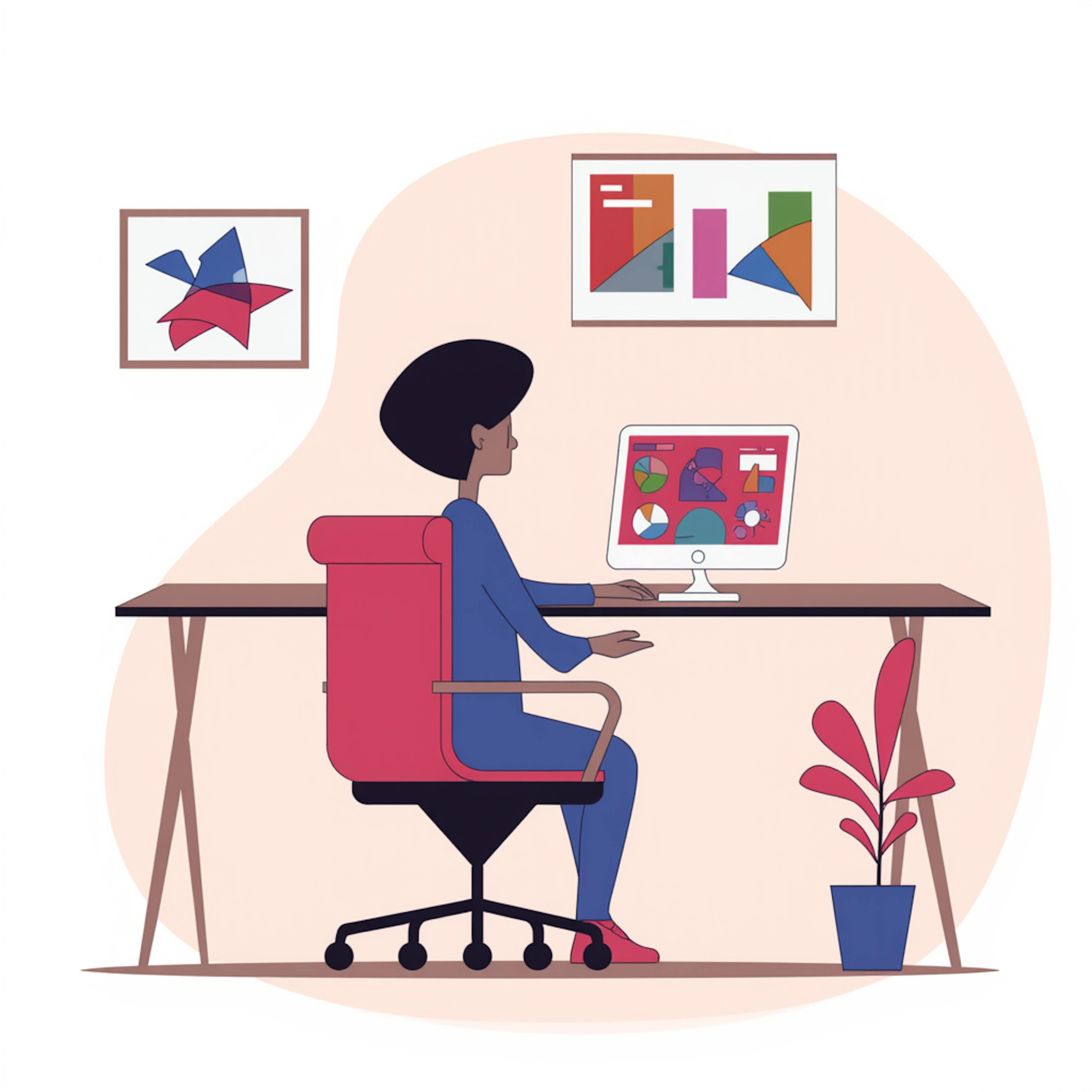 Illustration of a person working at a desk with colorful charts on a computer, showcasing the use of graphic design elements in data visualization.