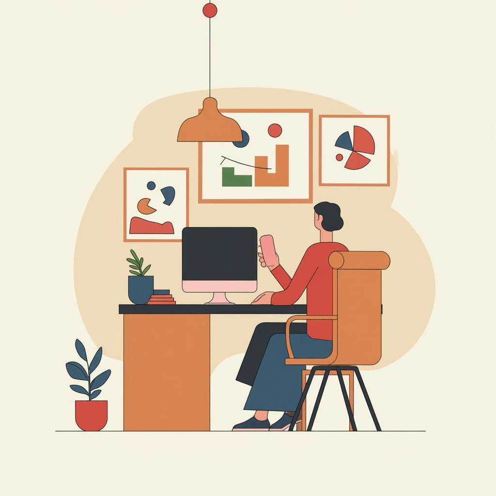Illustration of a designer at a desk holding a phone, surrounded by framed charts, representing creativity and graphic design elements in workspace design.