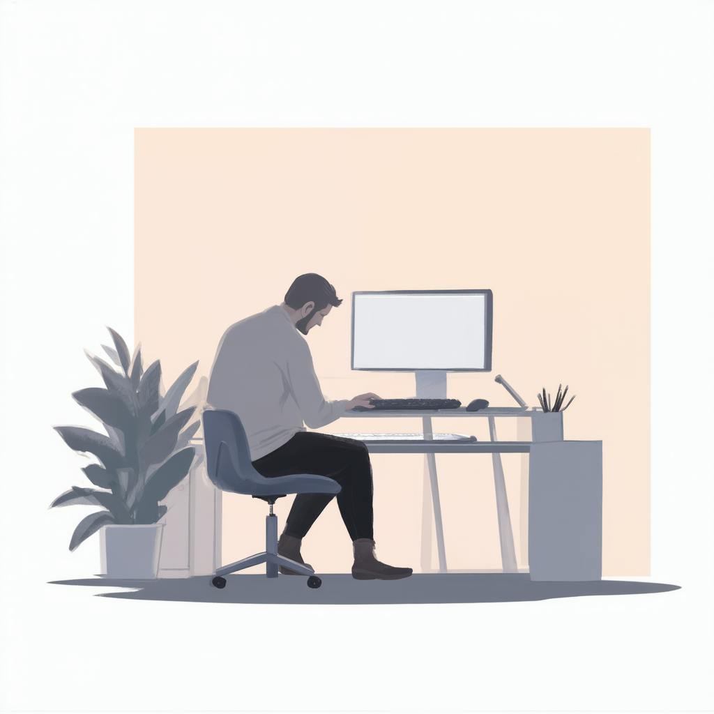 Illustration of a man focused on his laptop at a clean desk with plants, reflecting modern workspaces shaped by the history of UX design.