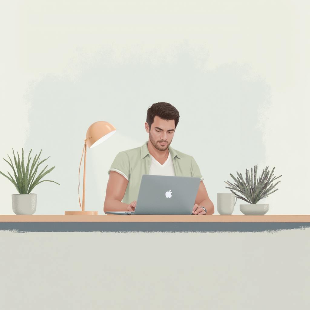 Illustration of a man focused on his laptop at a clean desk with plants, reflecting modern workspaces shaped by the history of UX design.