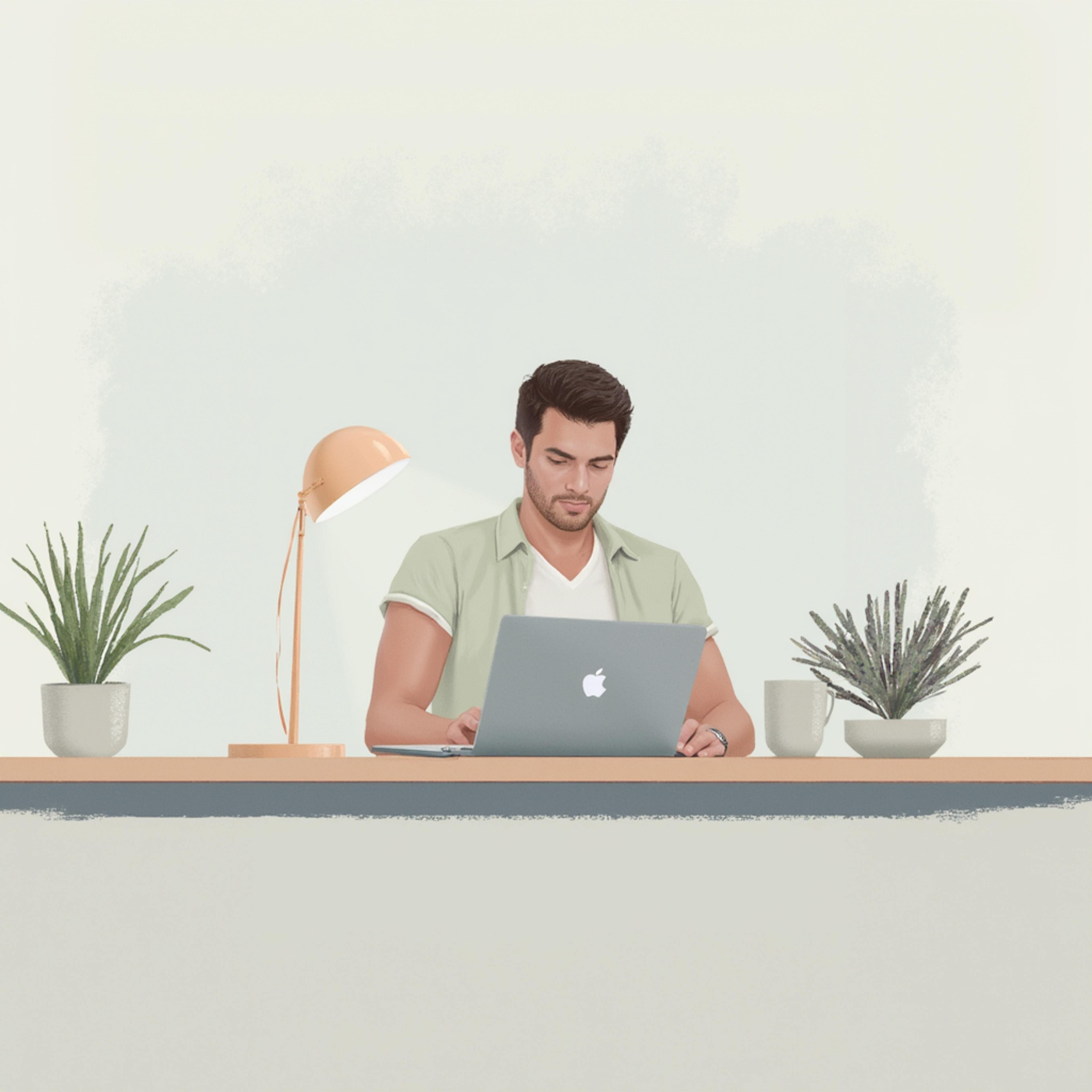 Illustration of a man focused on his laptop at a clean desk with plants, reflecting modern workspaces shaped by the history of UX design.