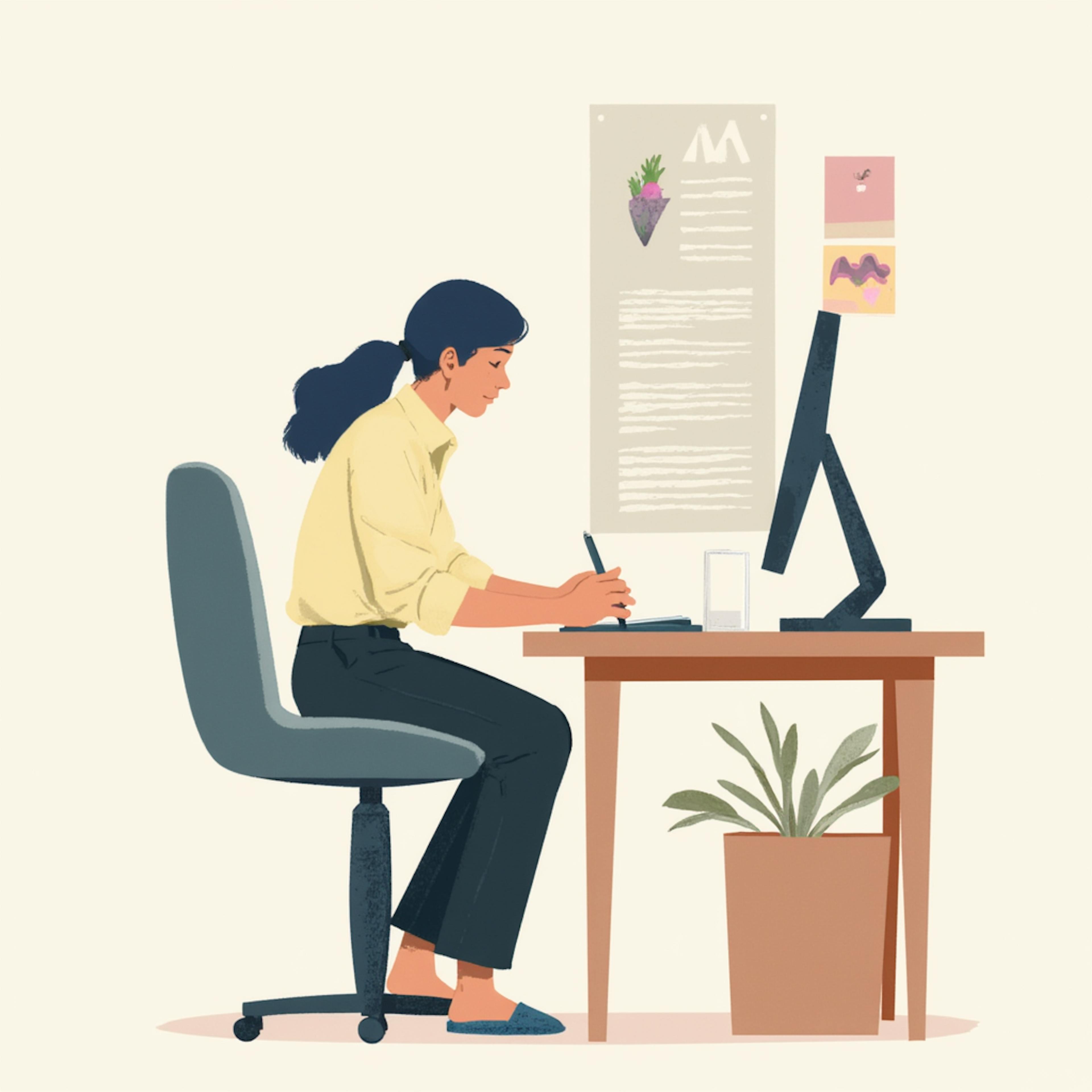Illustration of a woman at a desk using a desktop monitor with creative posters on the wall, showcasing collaboration and creativity in the history of UX design