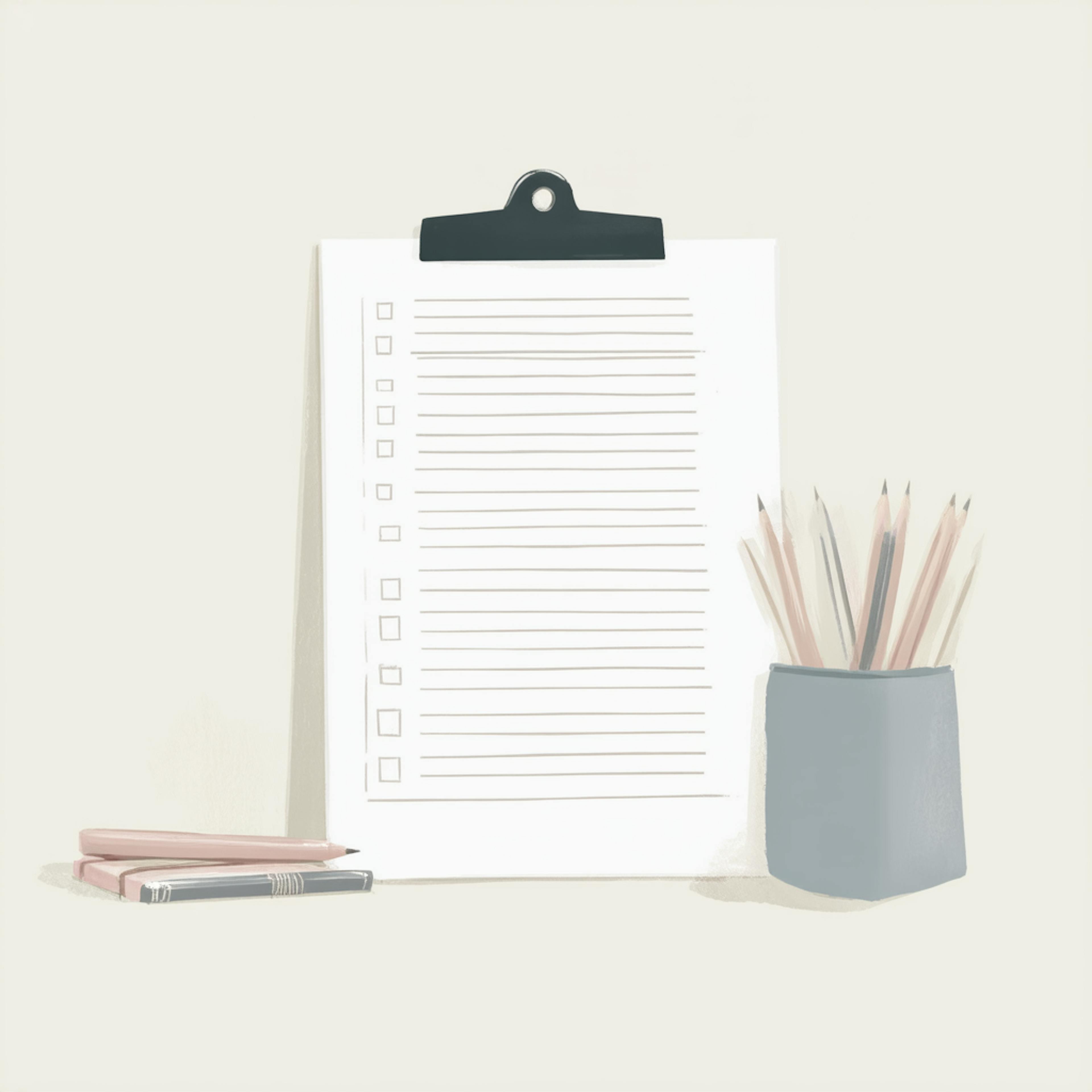 Minimalist illustration of a clipboard checklist with pencils, symbolizing Taskflow UX Design for organized task management and usability