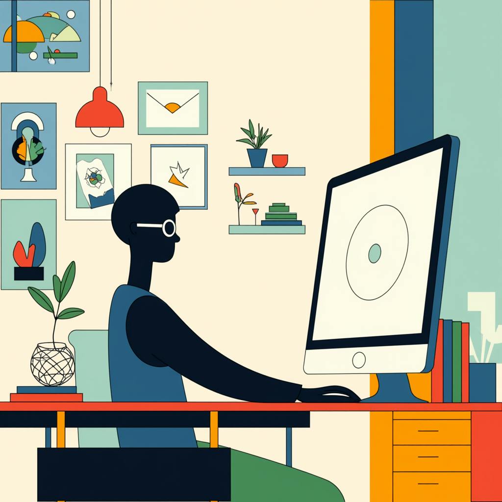 Illustration of a designer working at a computer surrounded by framed artwork, symbolizing creativity and the elements of graphic design in practice.