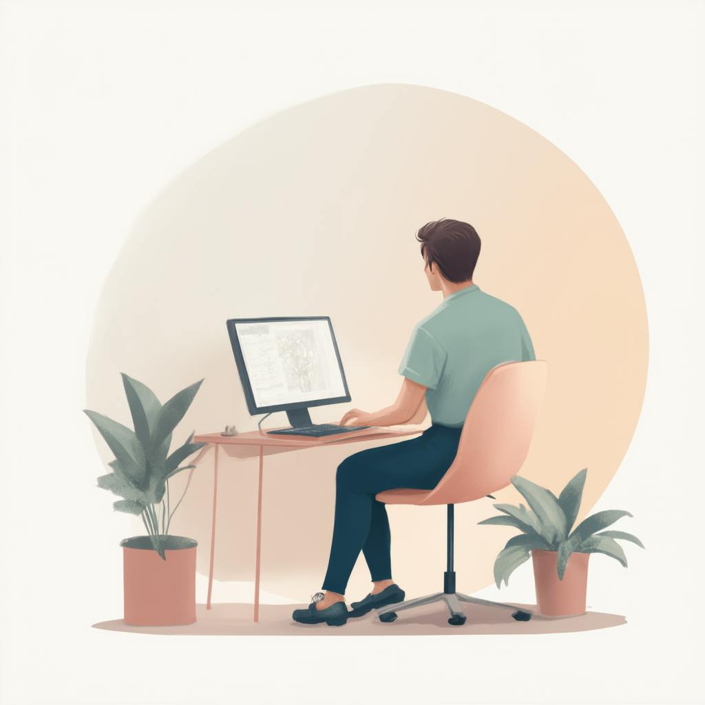 Digital artwork of a man using a computer at a minimalist desk with plants, reflecting balance, space, and other elements of graphic design.