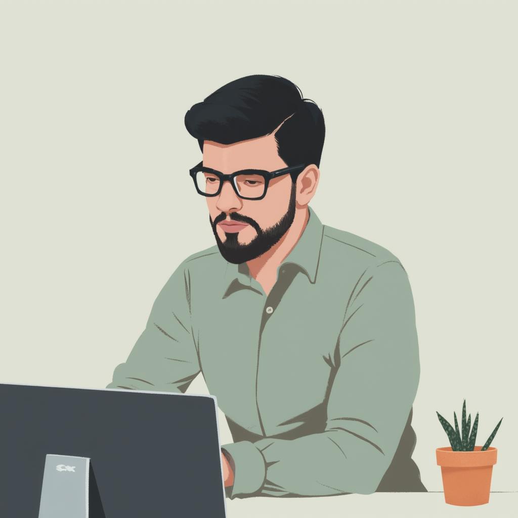 Vector-style illustration of a man focusing on his laptop, demonstrating simplicity, alignment, and the elements of graphic design in modern workflows.
