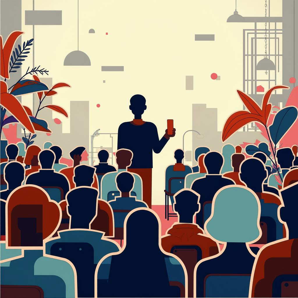Stylized illustration of a speaker addressing an audience, representing the impact of brand tones on communication and public perception.