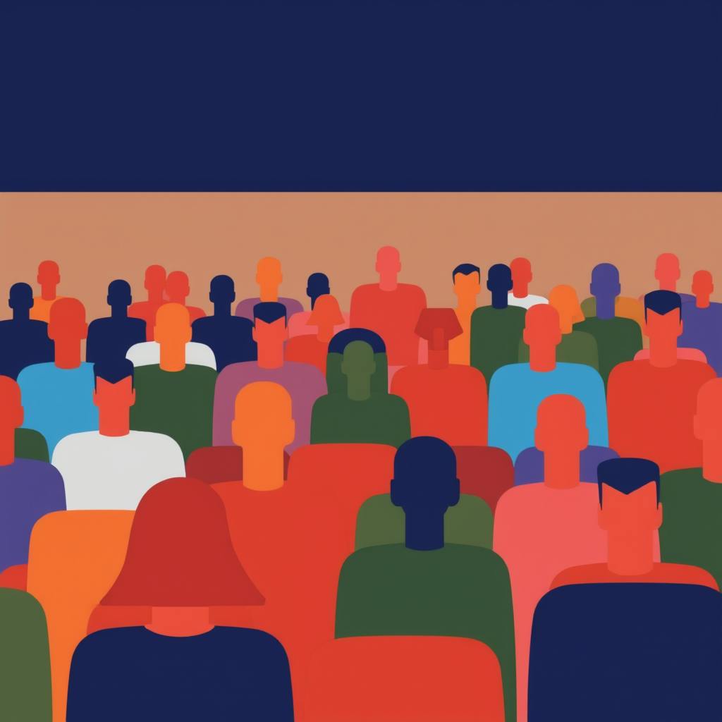 Vibrant abstract illustration of diverse people in an audience, highlighting the impact of brand tones in shaping engagement and brand identity.