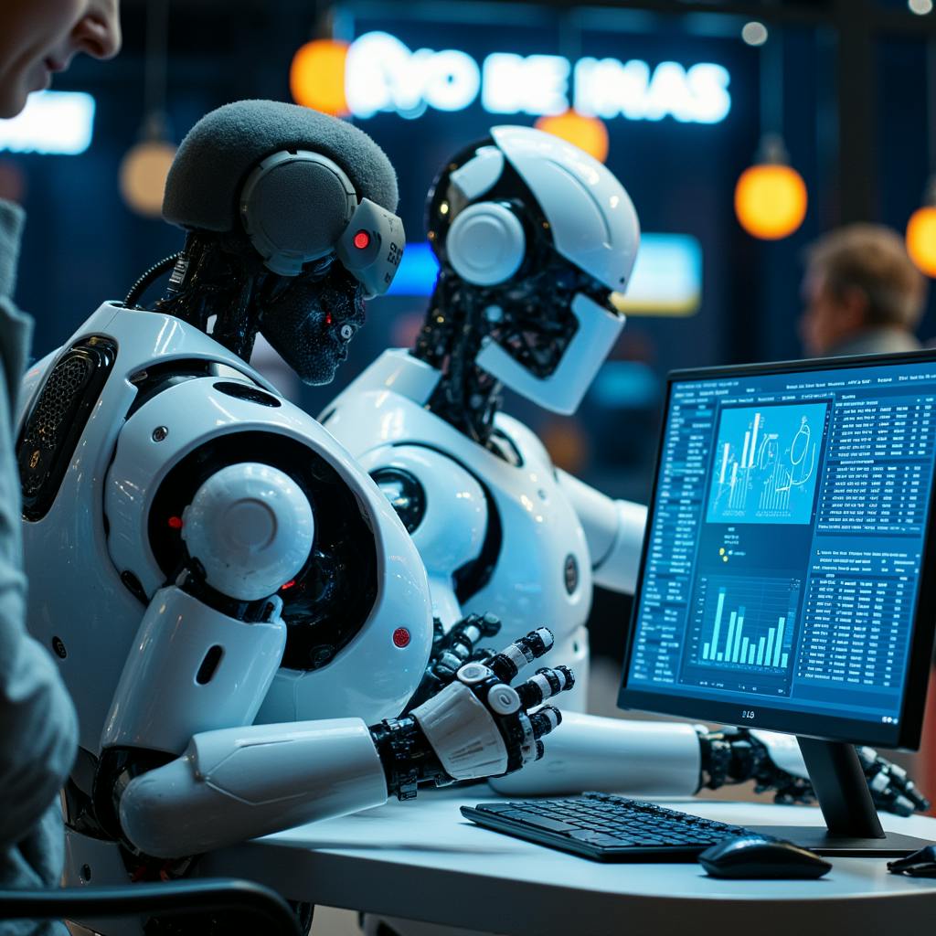 Two collaborative robots reviewing performance dashboards, showcasing the benefits of AI in teamwork, productivity, and intelligent data-driven strategies.