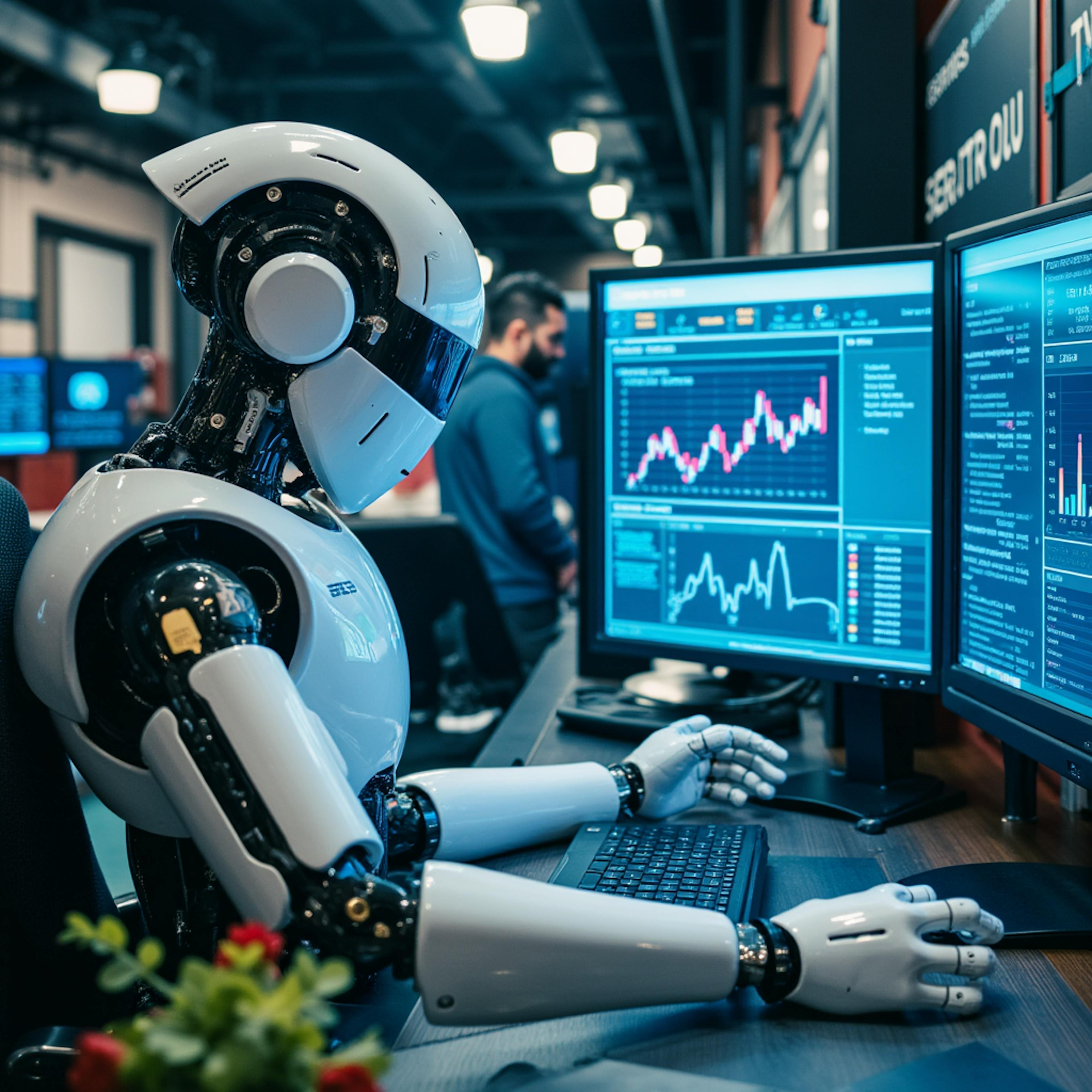 Humanoid robot using multiple monitors to track financial charts, highlighting the benefits of AI in data analysis and automated market forecasting.