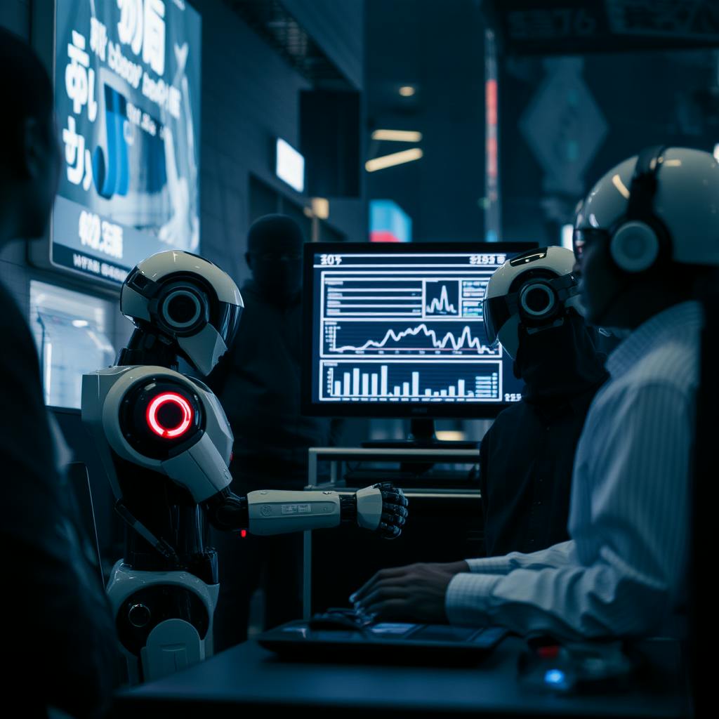 Futuristic robot analyzing data on a screen beside humans in helmets, illustrating the benefits of AI for real-time decision-making and business analytics.