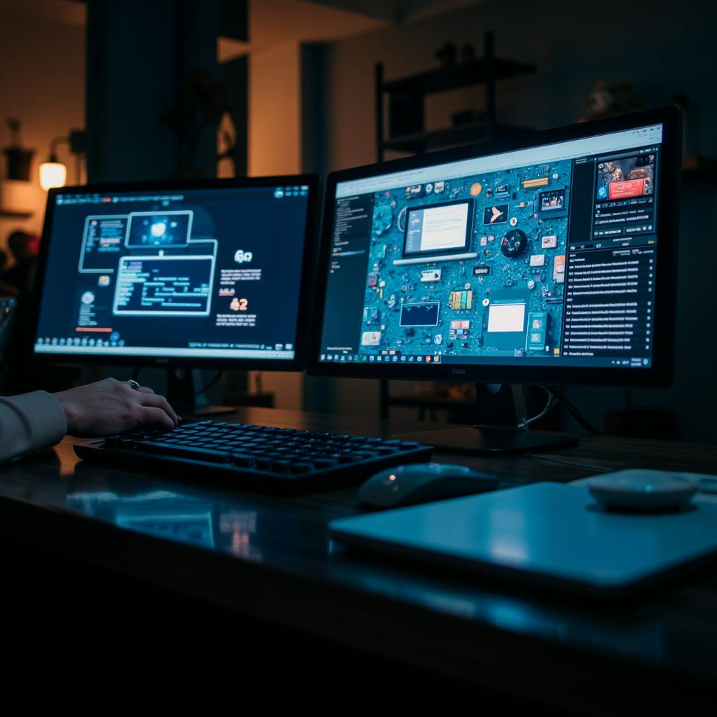 Developer working on two monitors with complex system dashboards, showcasing API integration for unifying diverse tools and streamlining software development tasks.