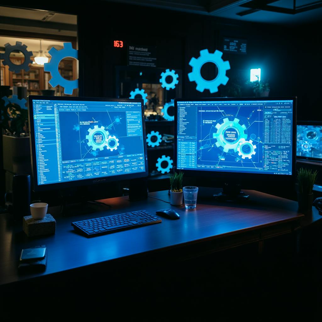 Monitors showing gear-shaped network diagrams, representing API integration processes that connect multiple software platforms for smooth data exchange and efficiency.