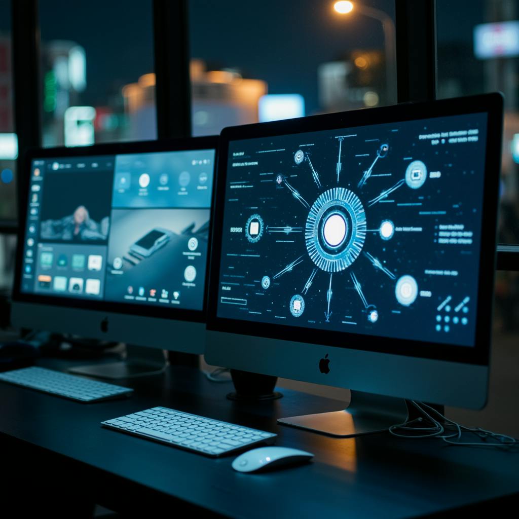 Dual computer screens displaying interconnected digital systems at night, illustrating seamless API integration for enhanced data connectivity and workflow automation.