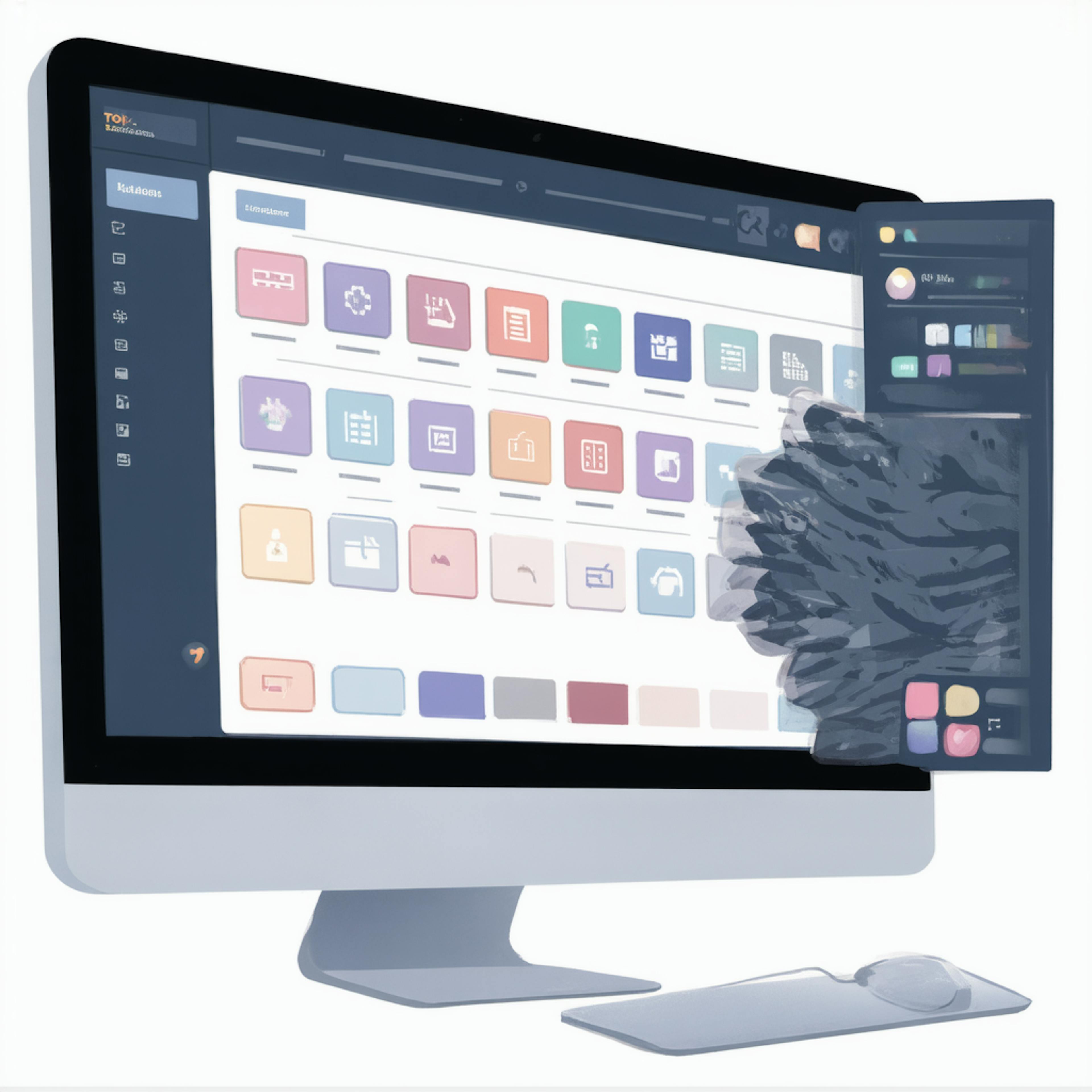 A desktop screen displaying a colorful library of design icons, illustrating an icon tool for organizing and customizing digital graphic elements.