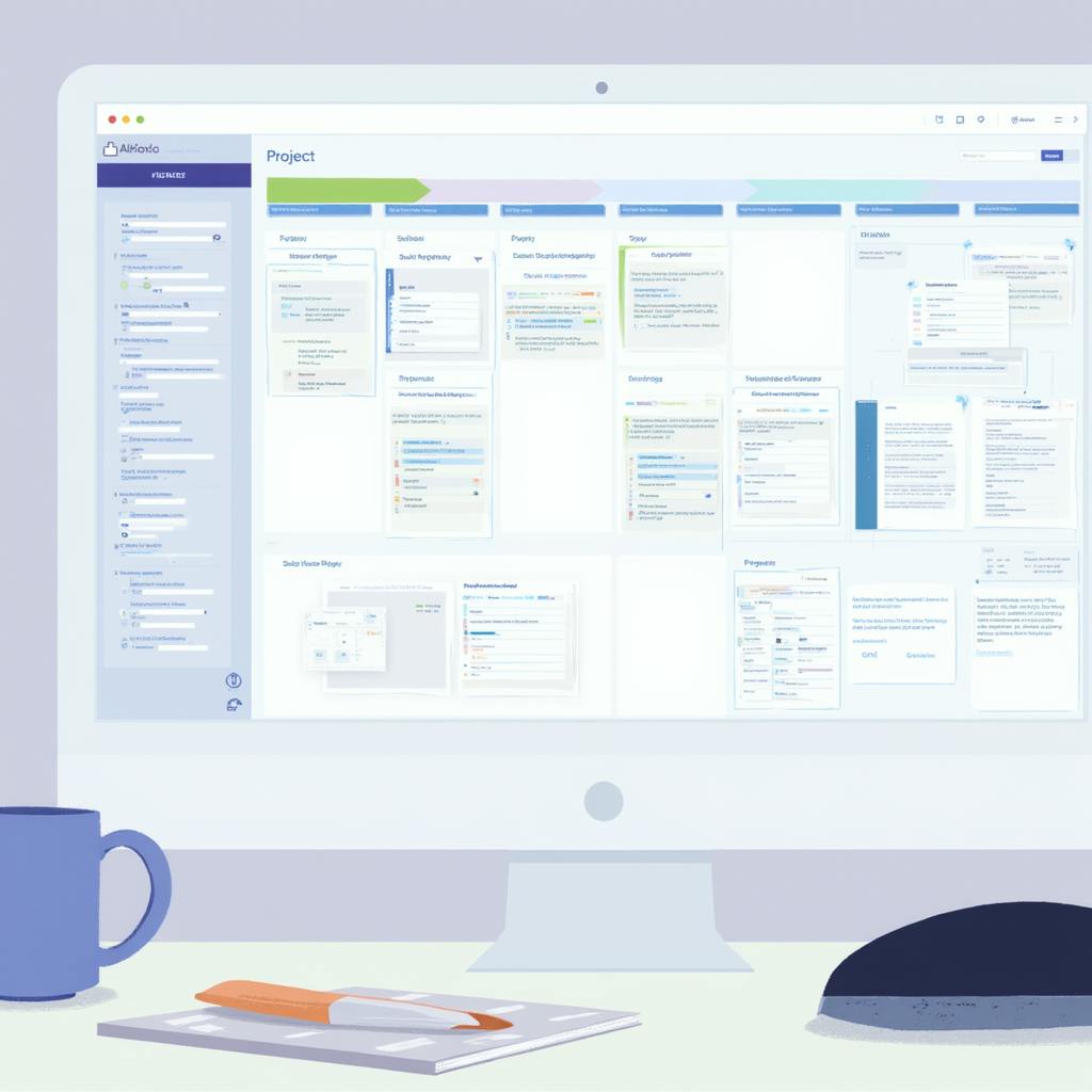 A desktop screen displaying a detailed workflow board with tasks and timelines, showcasing project planning templates for organizing complex team projects.