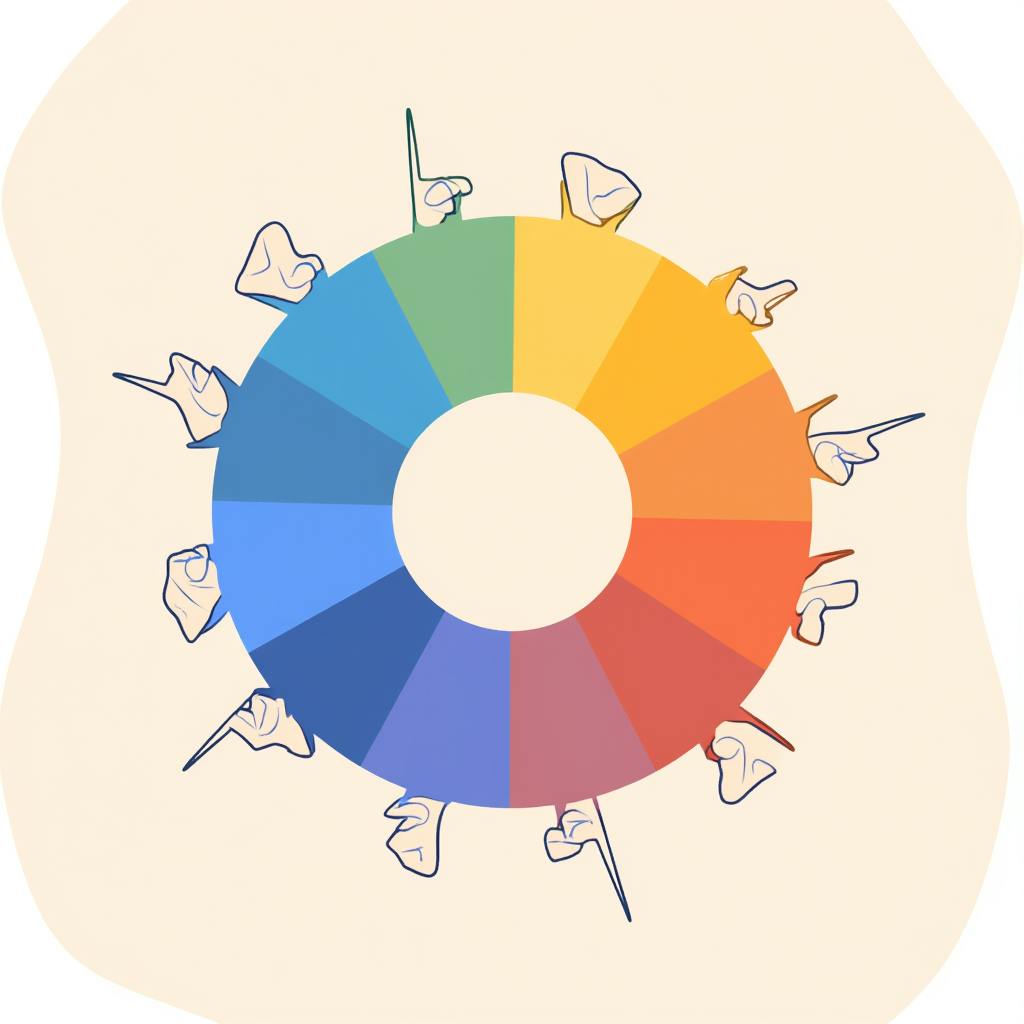 Creative color wheel with hand drawings, symbolizing the interpretation of colors in visual communication.