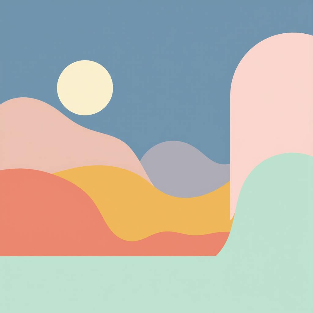 Abstract landscape with pastel hills and sun, representing artistic interpretation of colors in design.