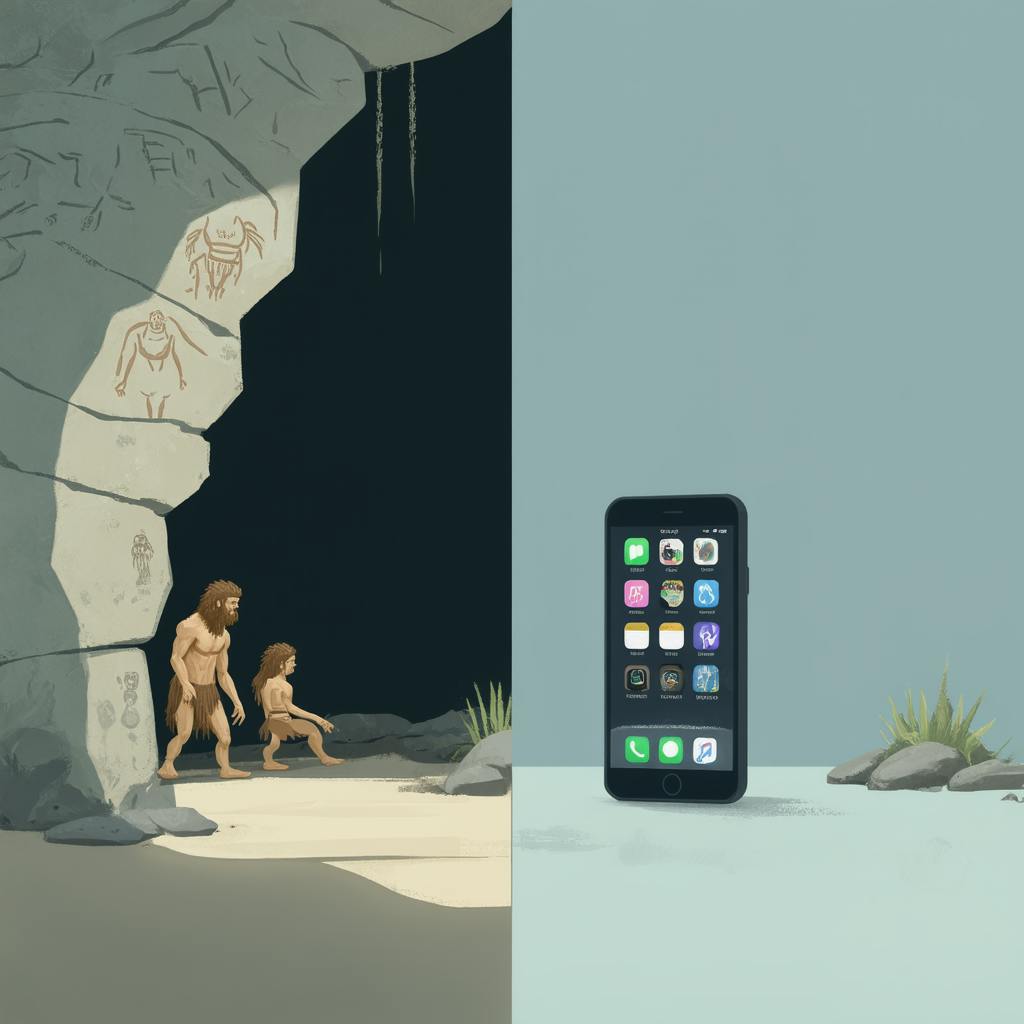 Cavemen observing cave art with a smartphone nearby, representing the evolution of iconography history.