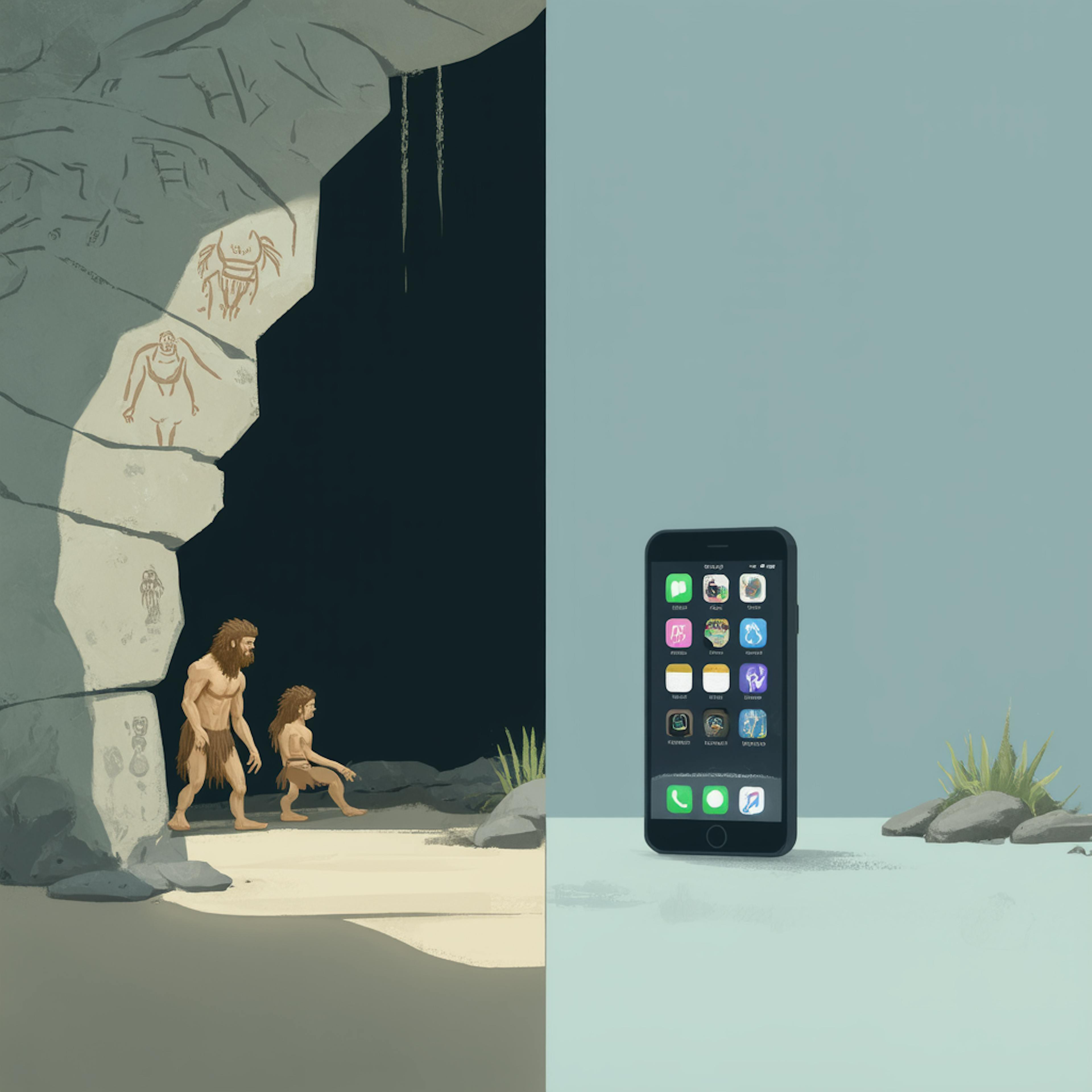 Cavemen observing cave art with a smartphone nearby, representing the evolution of iconography history.