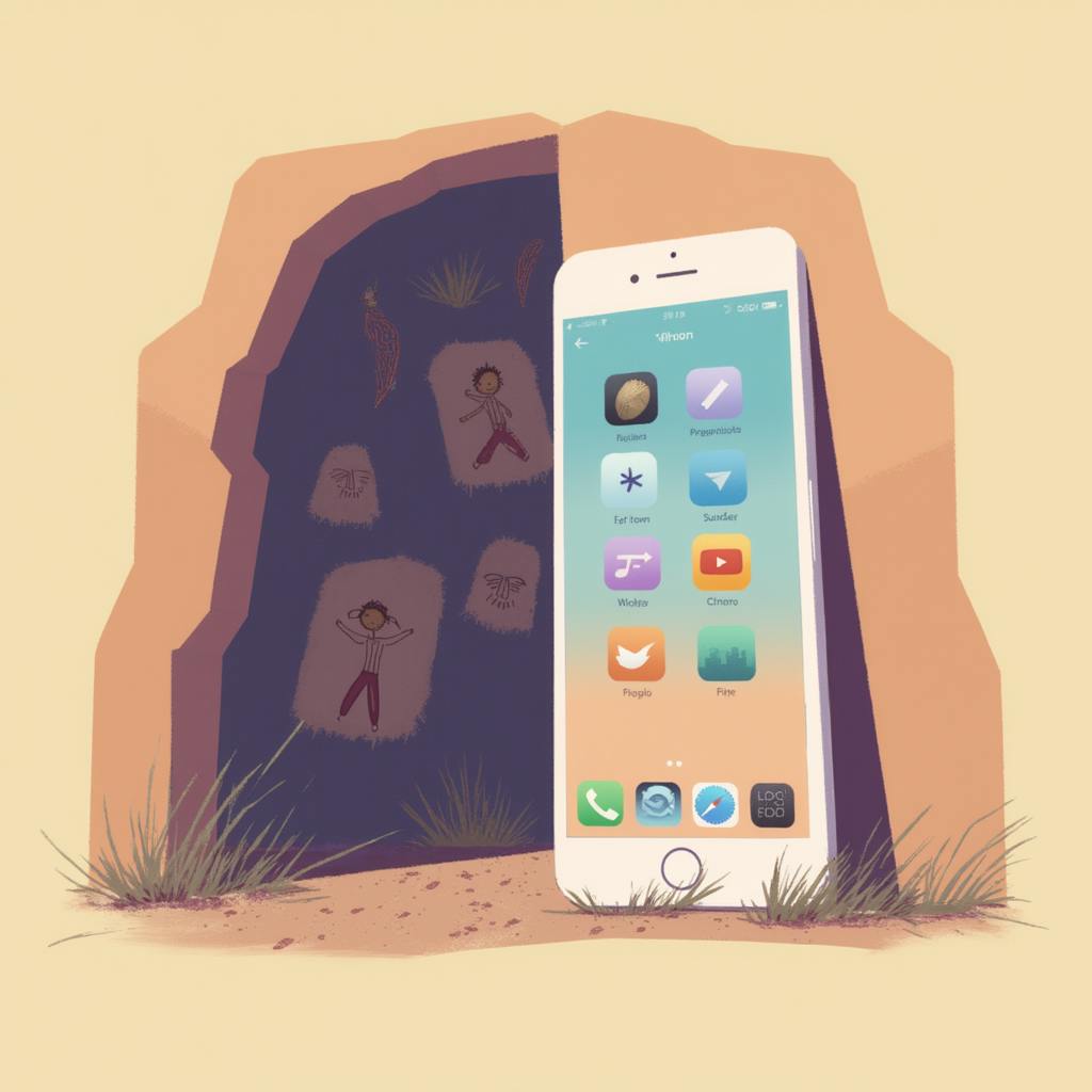 Cave with ancient rock paintings alongside a smartphone, blending past and present in iconography history.