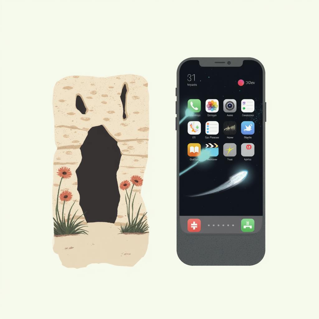Illustration of an ancient stone carving next to a modern smartphone, symbolizing iconography history across eras.