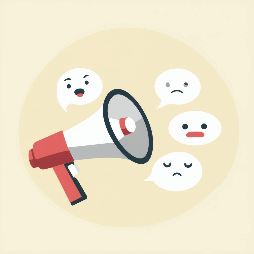 Megaphone with happy and sad emoji faces in speech bubbles, illustrating emotional tone of voice marketing.