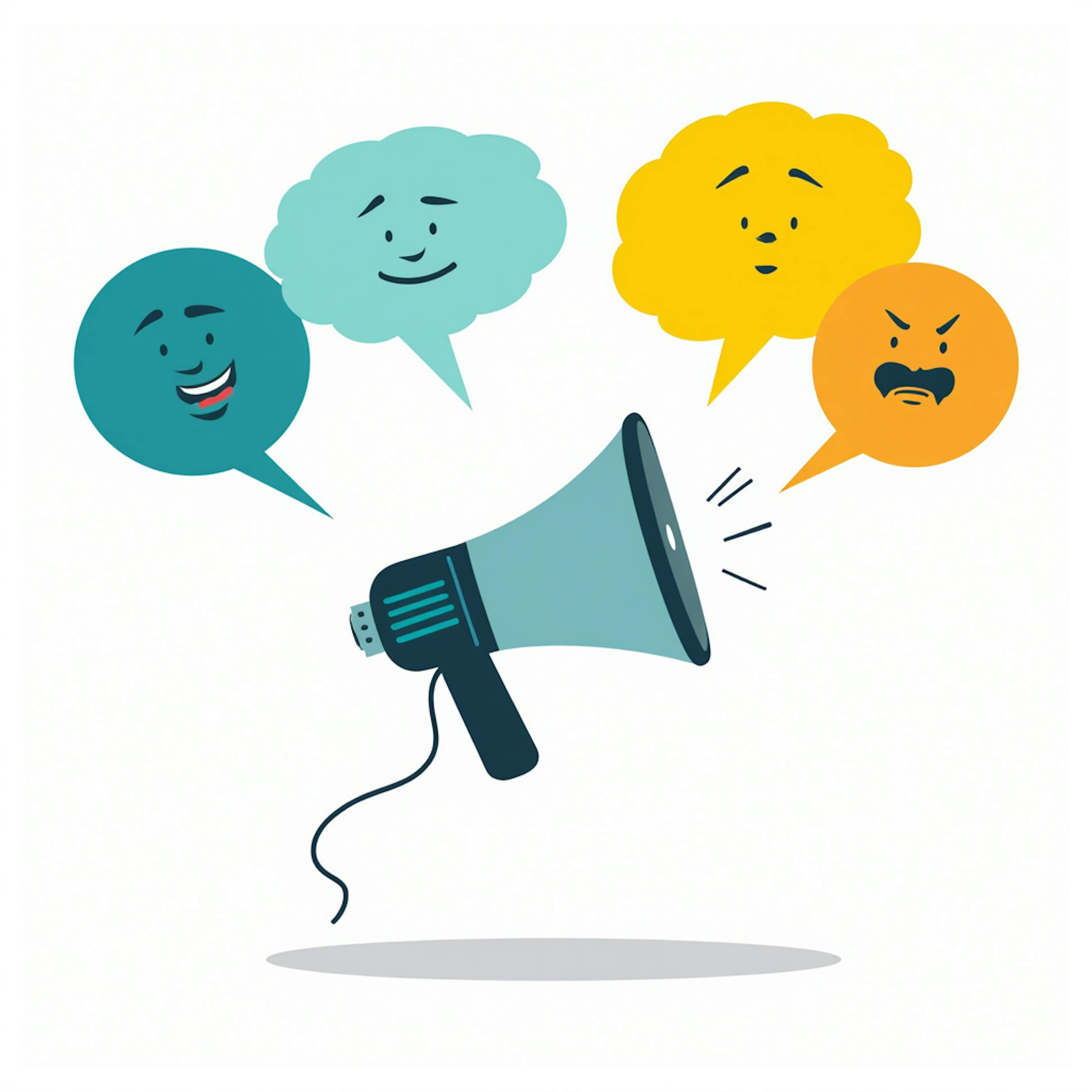 Megaphone with colorful speech bubbles showing different emotions, representing tone of voice marketing strategies.