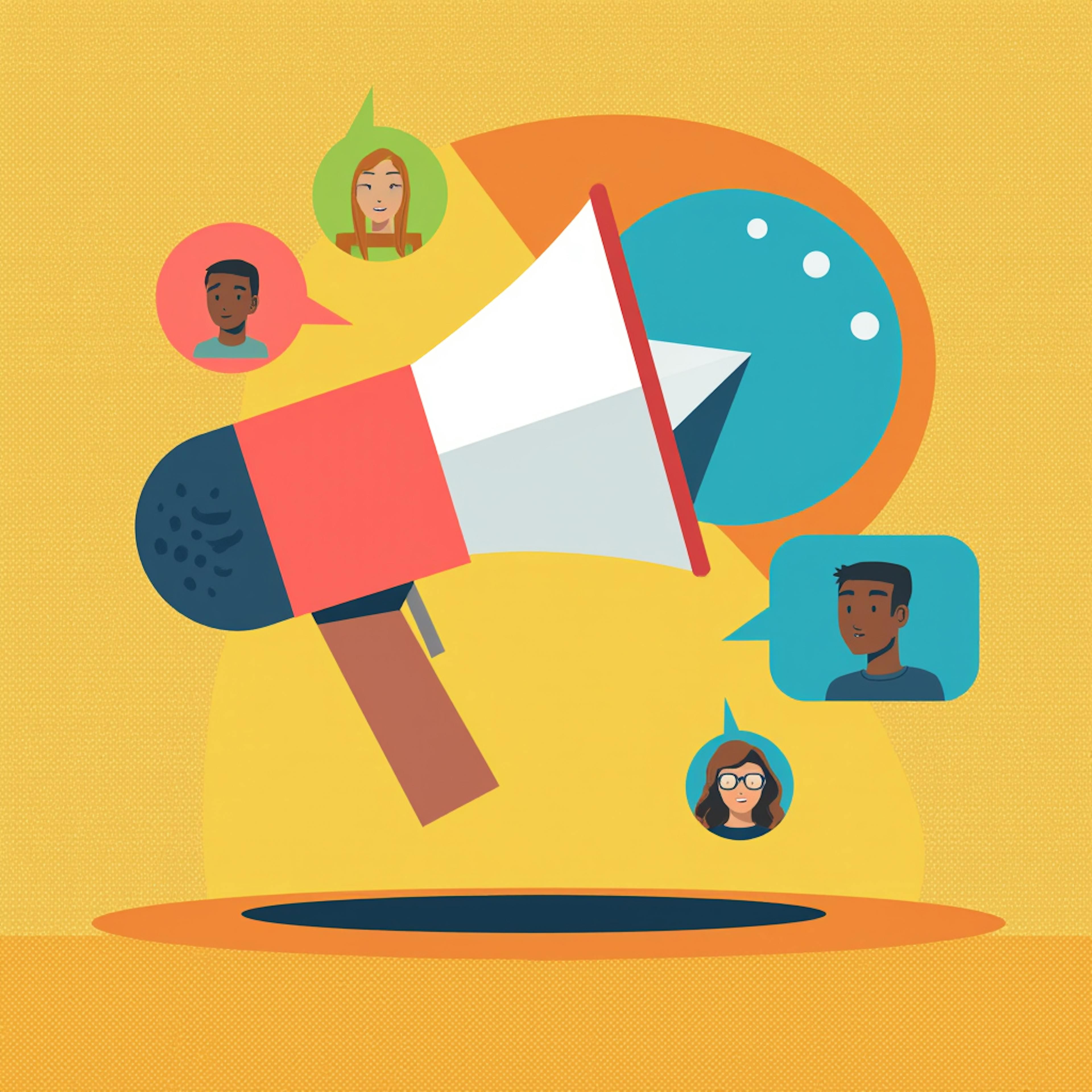 Illustration of a megaphone surrounded by diverse customer avatars, symbolizing tone of voice marketing for brand communication.