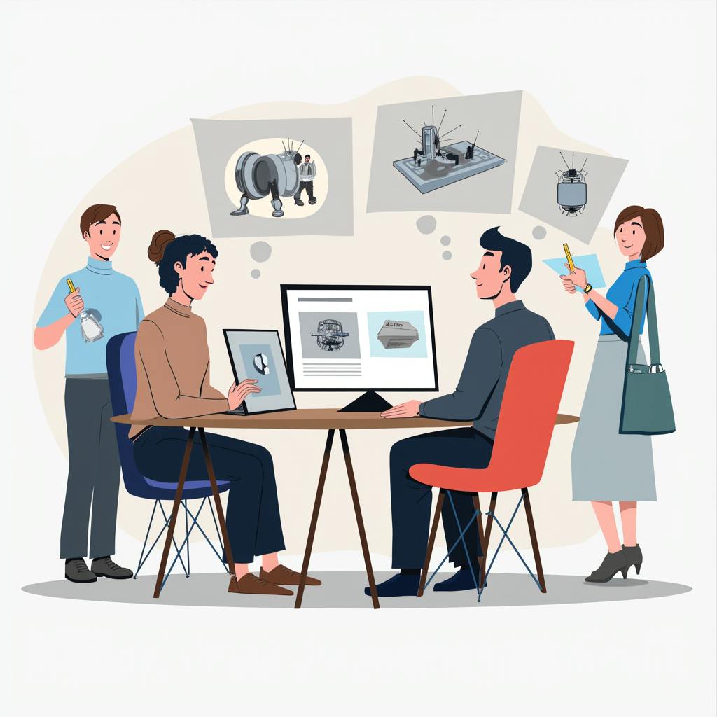 Creative team collaborating on futuristic mechanical prototypes using digital tools, illustrating innovative design approaches.