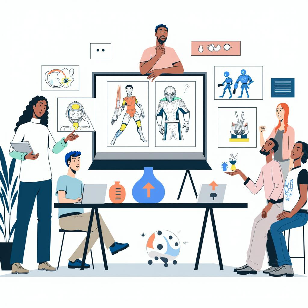 Diverse design team brainstorming and presenting futuristic character concepts, highlighting innovative design approaches.