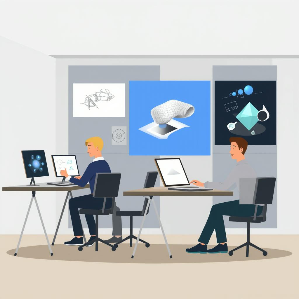 Two designers working on digital concept models and 3D structures, showcasing innovative design approaches in product development.