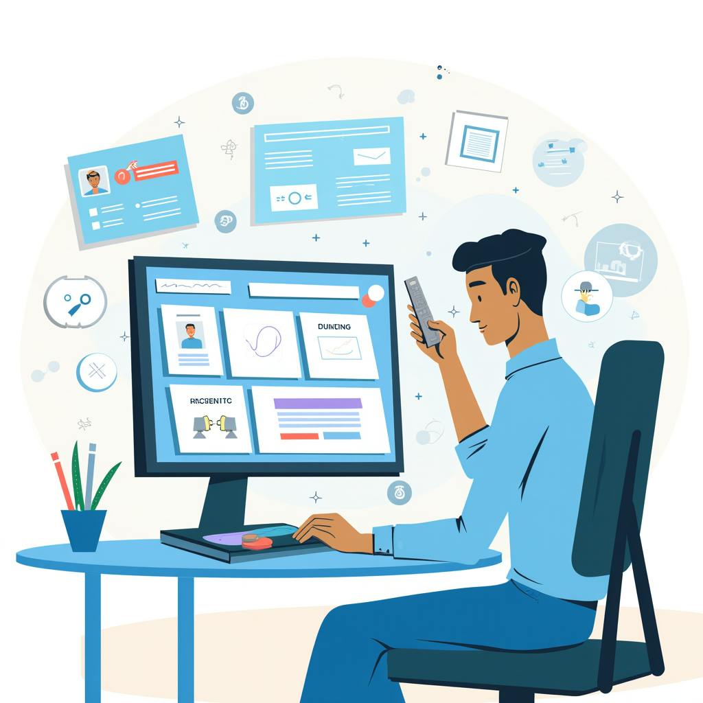A focused designer reviewing mobile and desktop interface elements on a large screen, symbolizing the pursuit of ui design mastery.