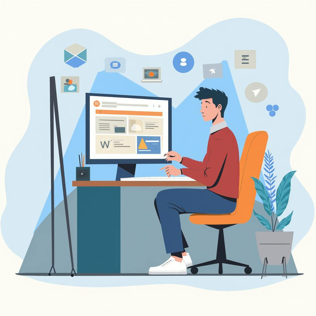 A creative professional designing a user interface on a desktop computer surrounded by floating icons, representing dedication to ui design mastery.