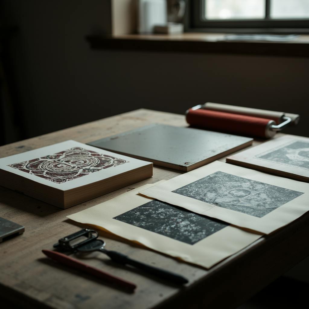 A printmaking workspace with carved printing blocks, ink rollers, and detailed pattern prints on paper, showcasing relief and block techniques of printmaking.
