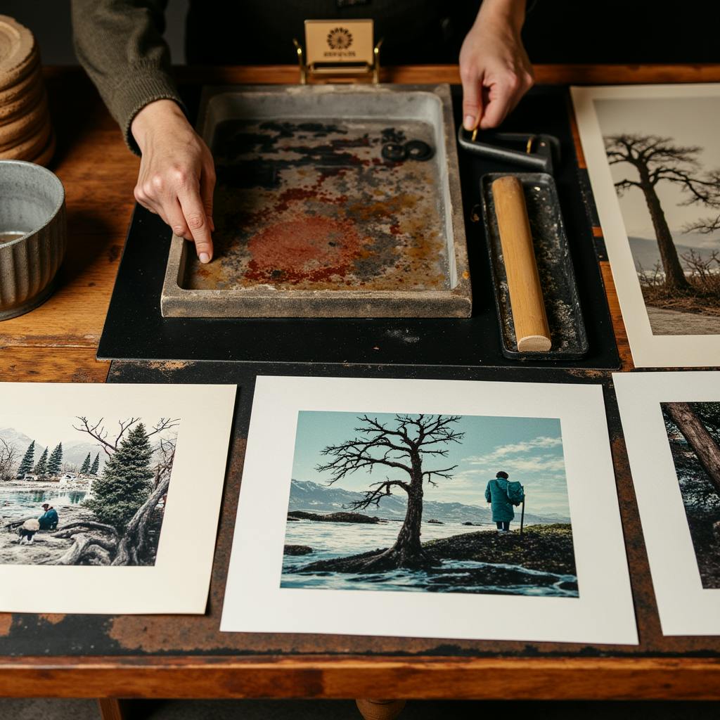 An artist’s hands working with an etching tray and roller beside colorful landscape prints on paper, demonstrating advanced techniques of printmaking like intaglio and etching.