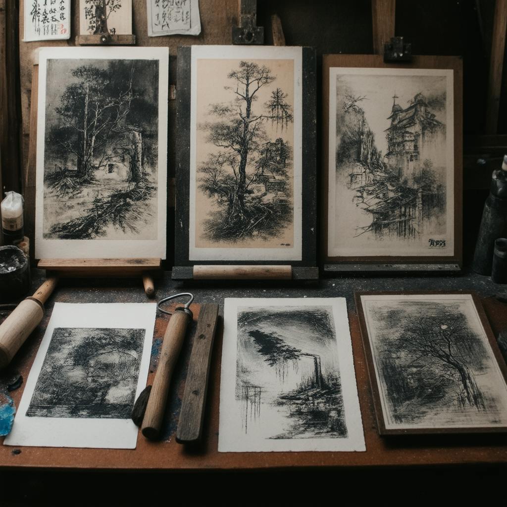 A collection of monochrome landscape prints displayed on easels and a table, surrounded by carving and inking tools, illustrating traditional techniques of printmaking.