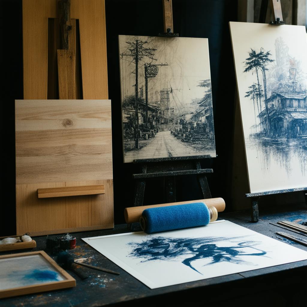Art studio setup with wooden blocks, ink rollers, and detailed line prints, highlighting creative printmaking techniques.