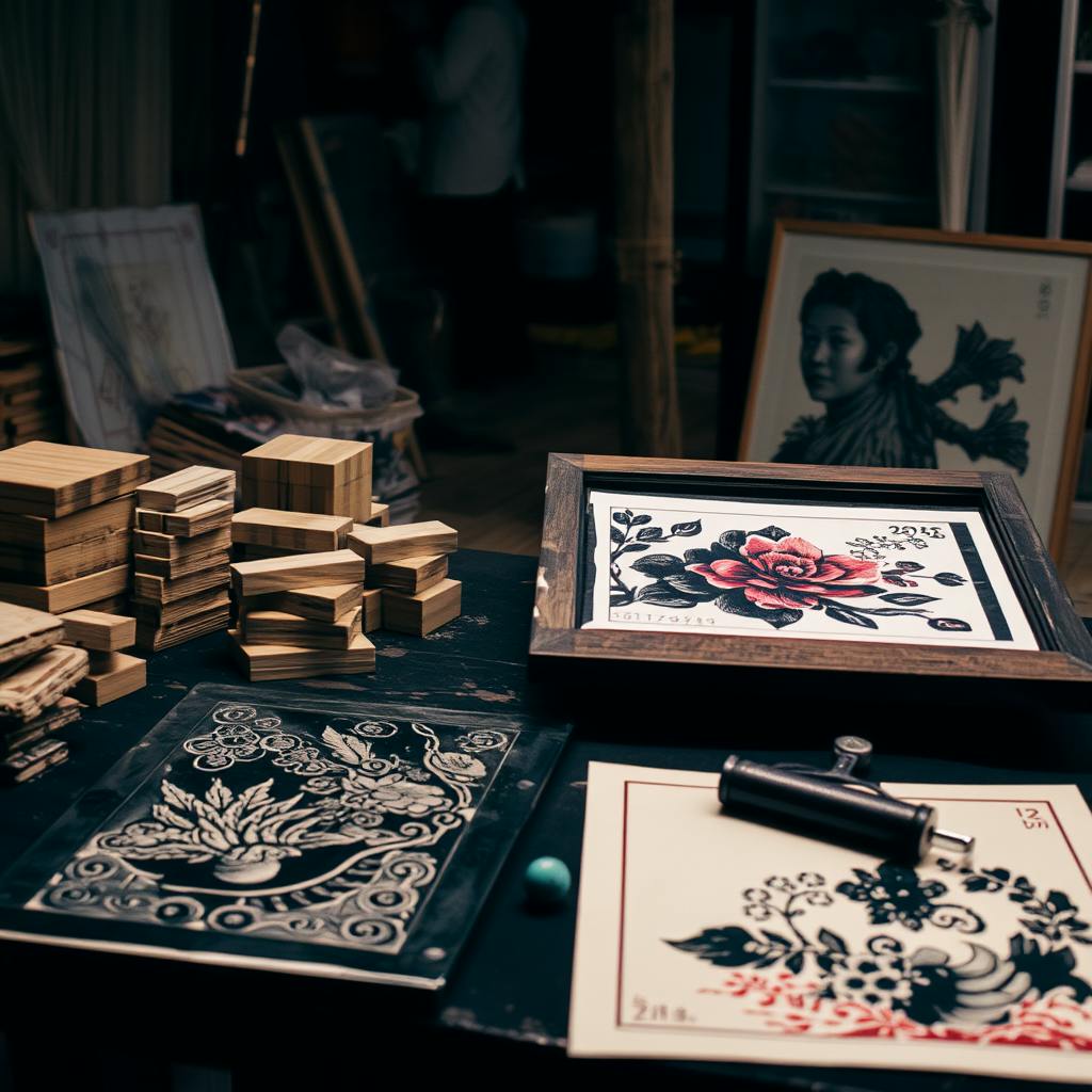 Table with carved blocks, ink rollers, and floral art prints, illustrating intricate printmaking techniques in practice.
